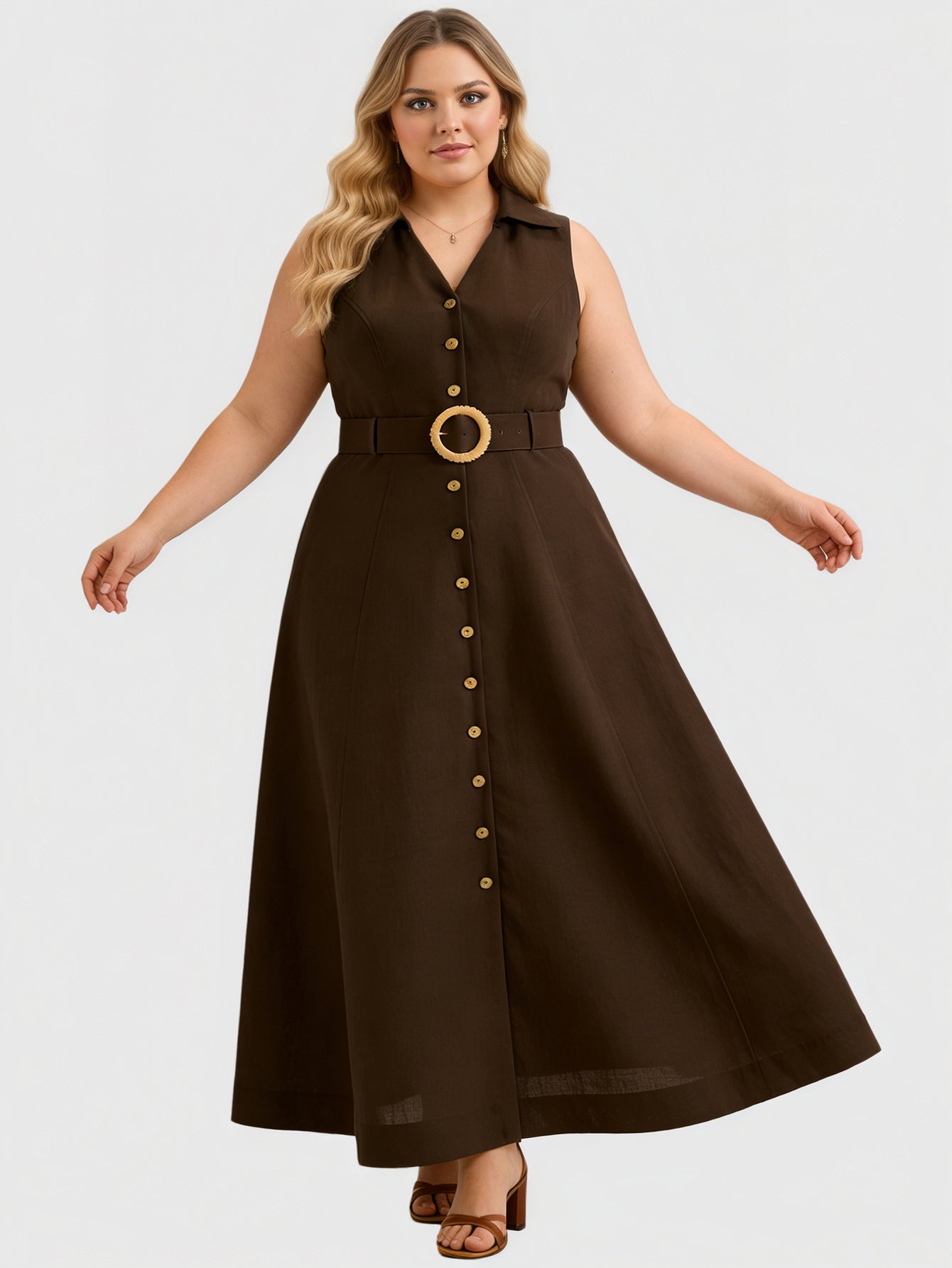 Larui Plus Size Women's Linen Daily Button Front Dress with Waist Belt