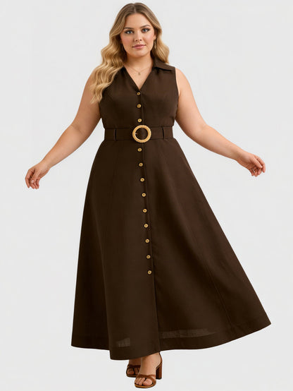 Larui Plus Size Women's Linen Daily Button Front Dress with Waist Belt