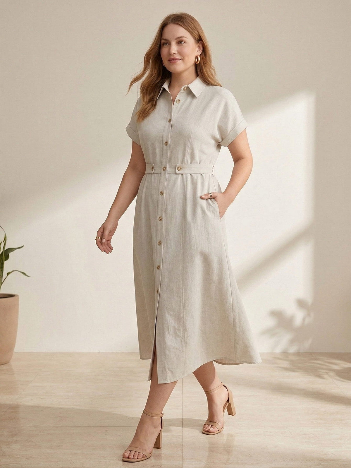 Larui Plus Size Women‘s Linen Short  Sleeves Dress