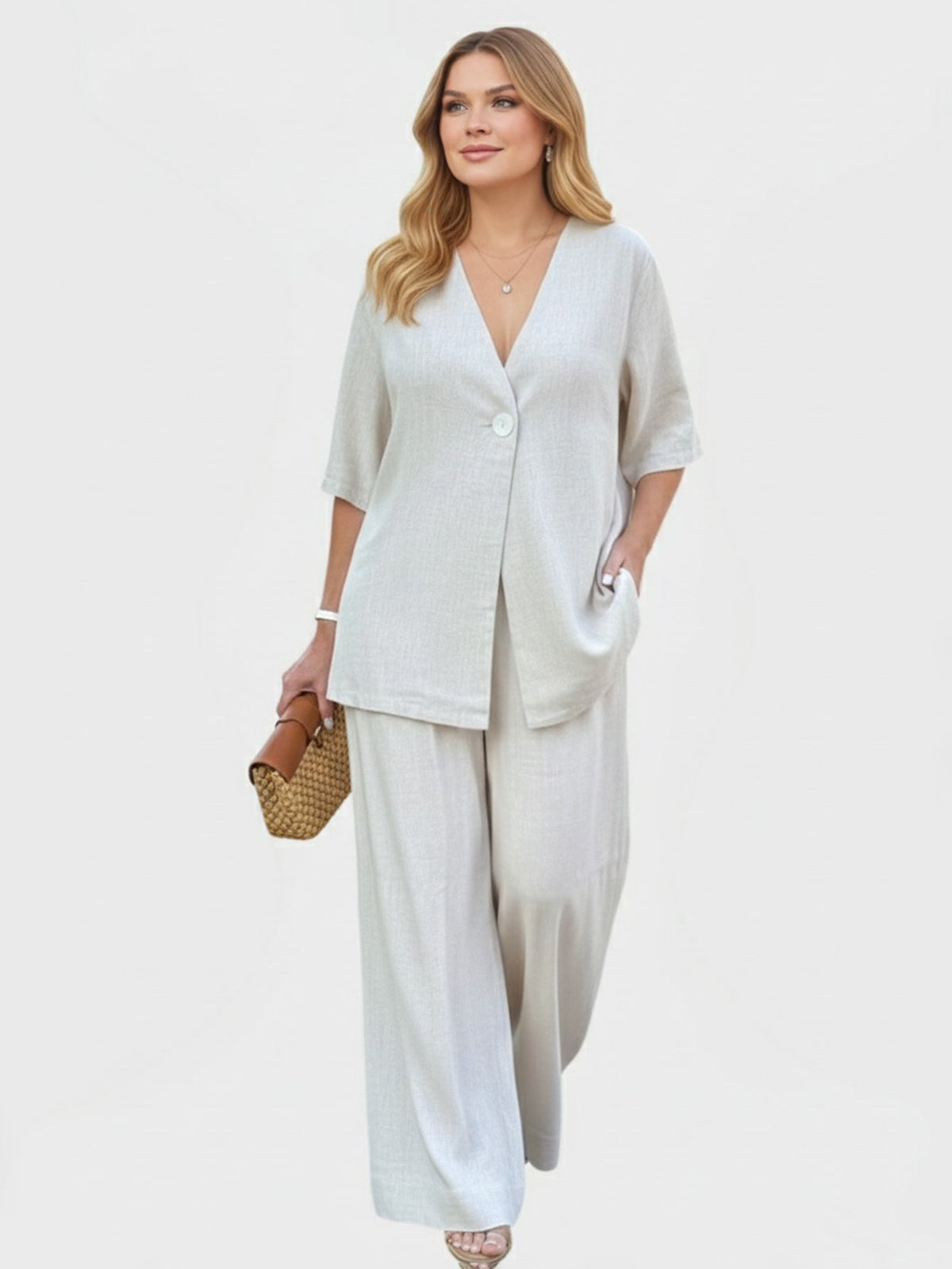 Larui Women‘s Plus Size Linen Blouse and Pants Two Piece Set