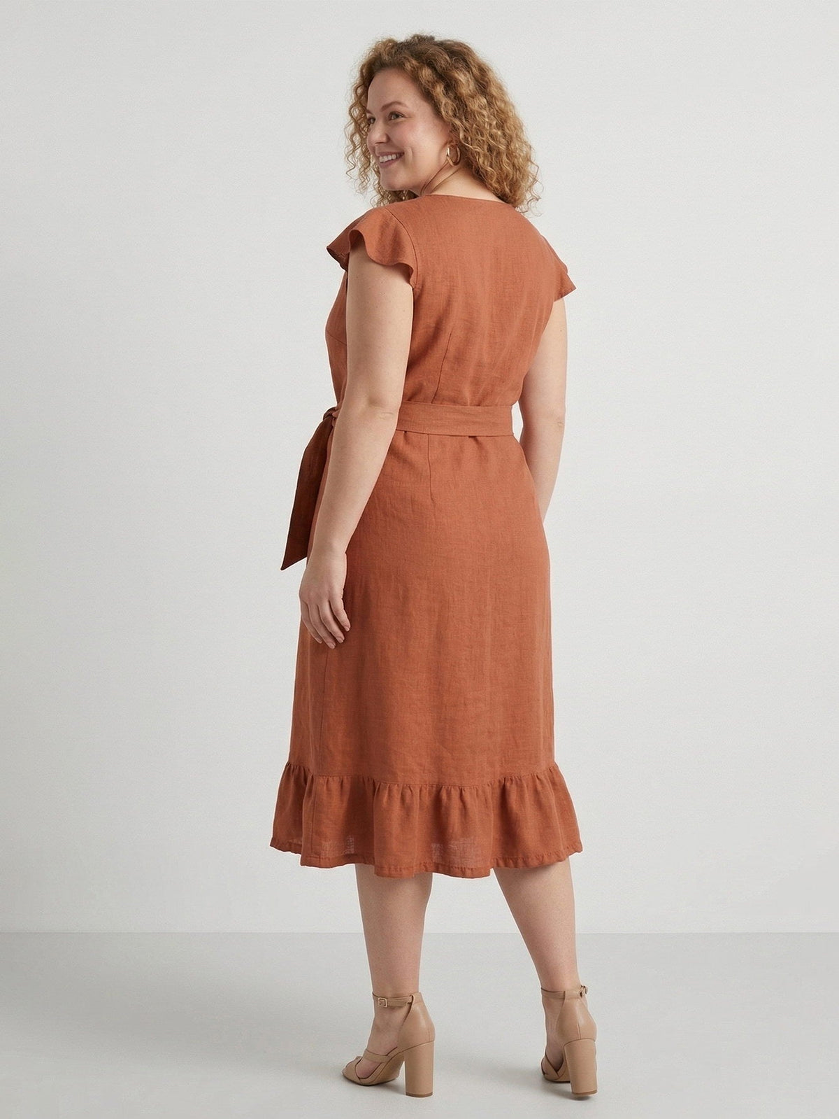 Larui Plus Size Women's Linen Ruffles Dress With Belted