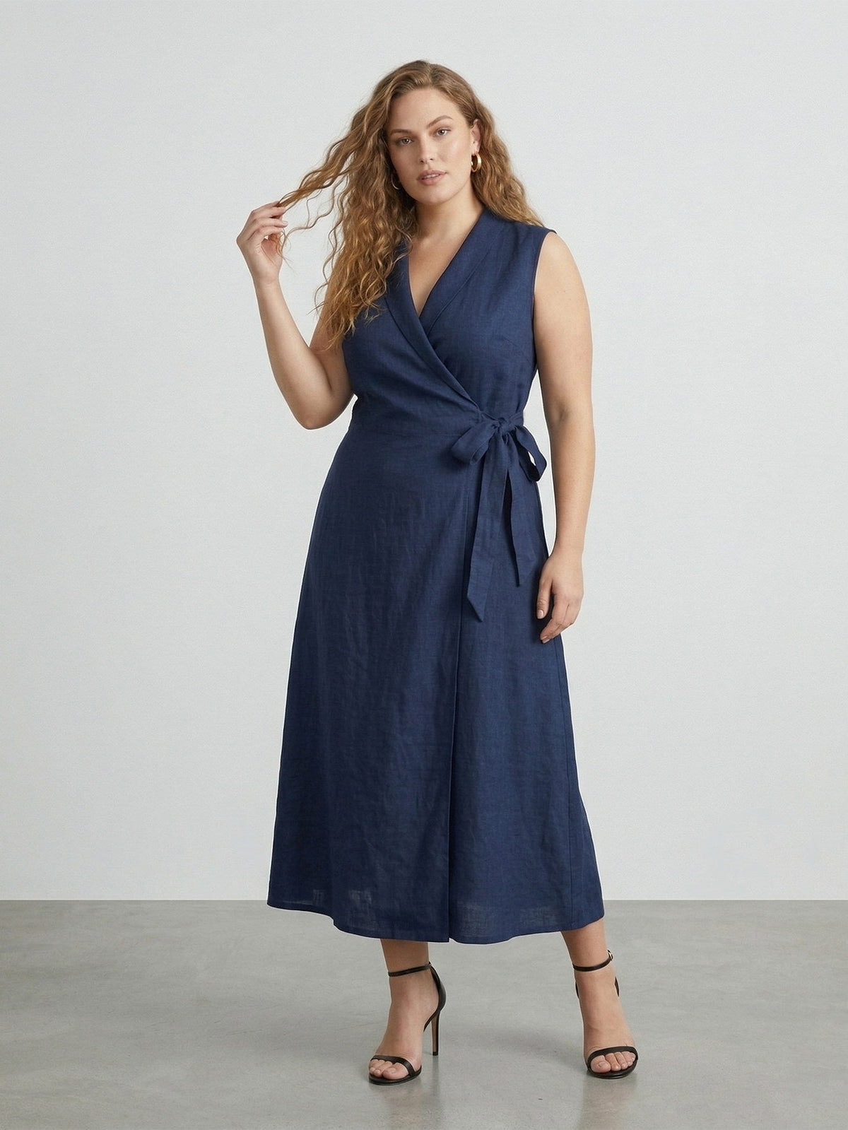 Larui Plus Size Women‘s Linen  V-Neck Sleeveless Dress
