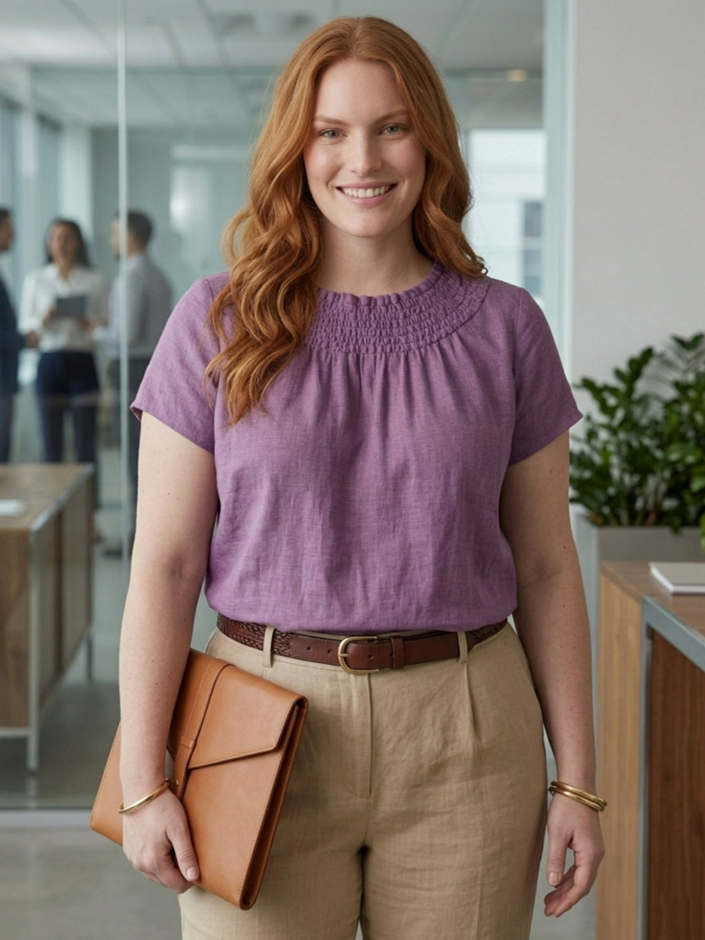 Larui Plus Size Women's Linen Short Sleeves Blouse