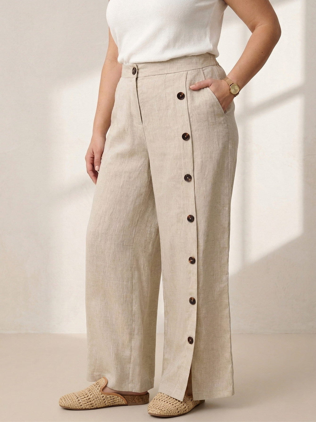 Larui Plus Size Women's Linen Pocket Button Full Length Pants