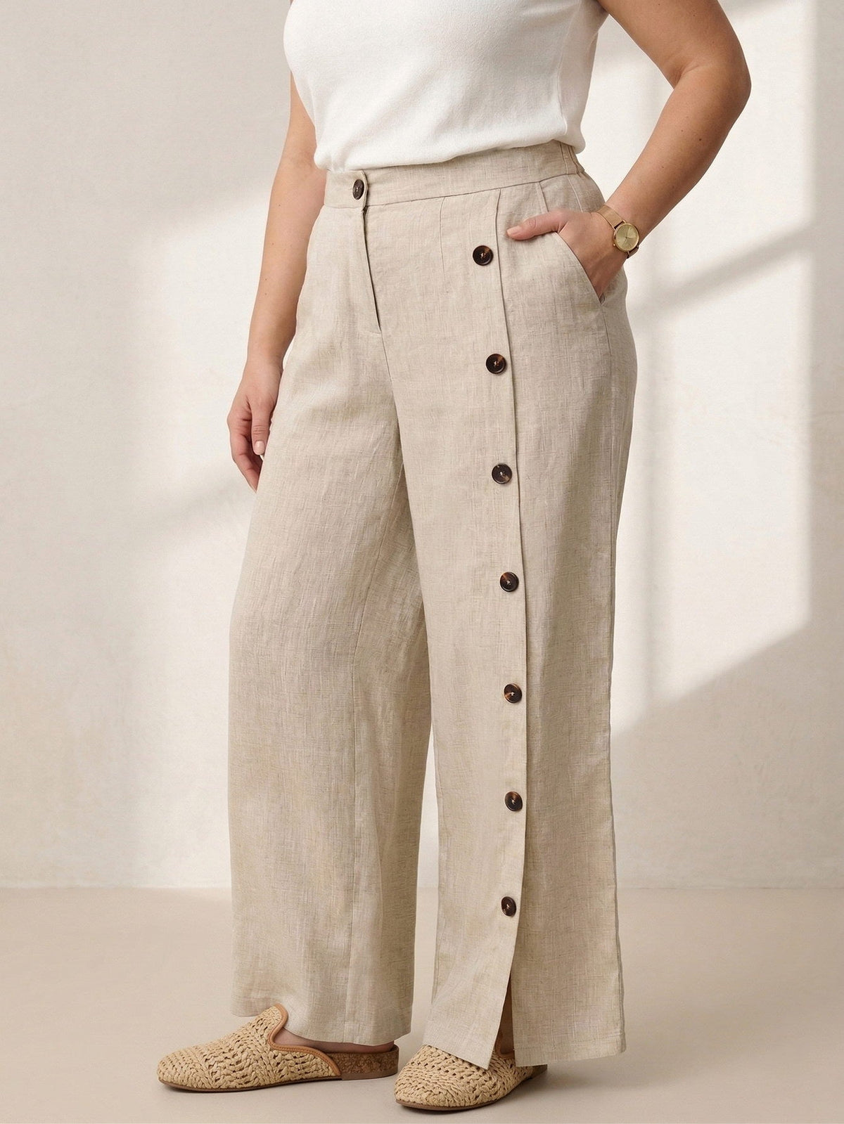 Larui Plus Size Women's Linen Pocket Button Full Length Pants