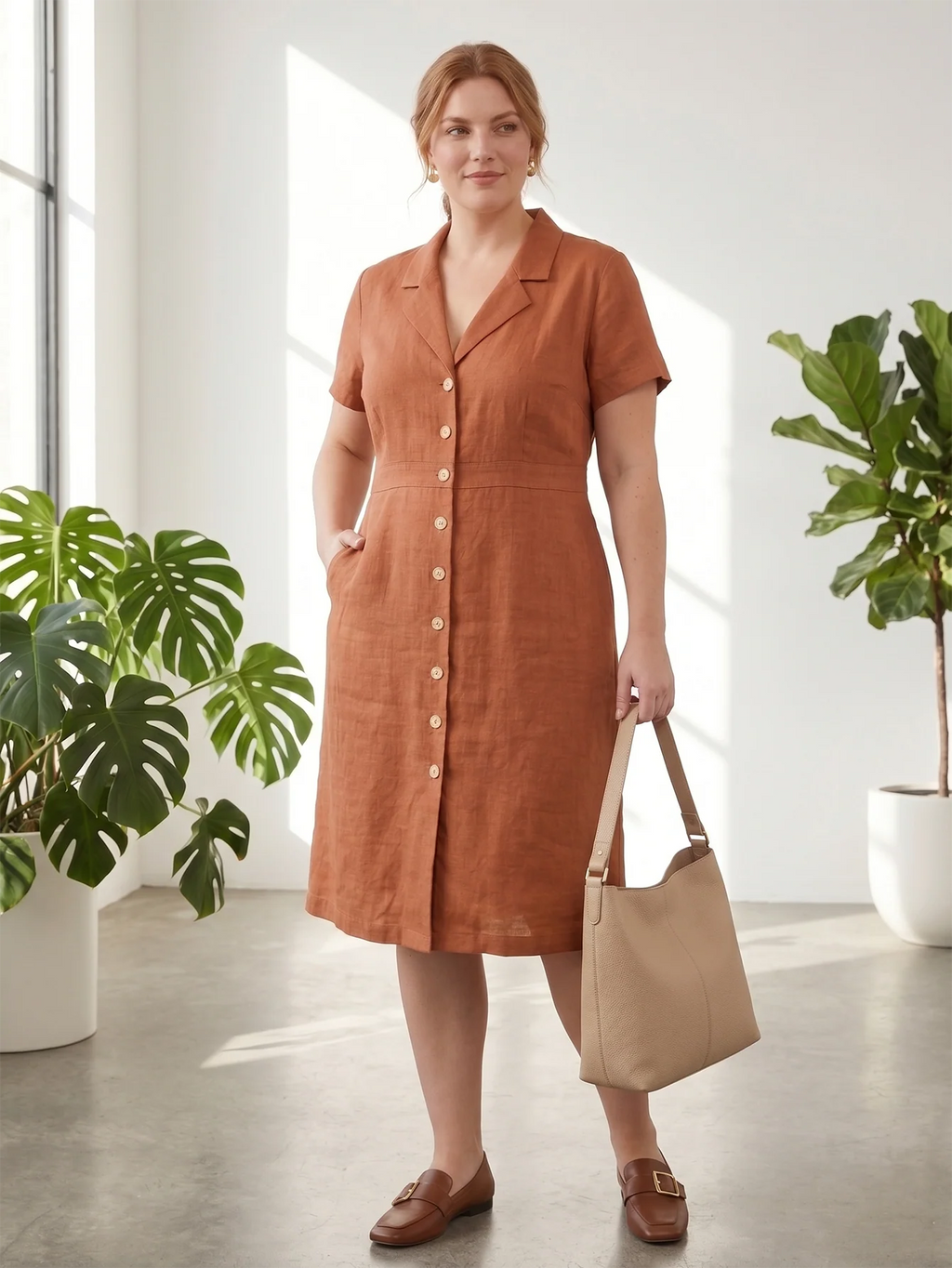 Larui Plus Size Women's Button-Down Pocket Linen Dress