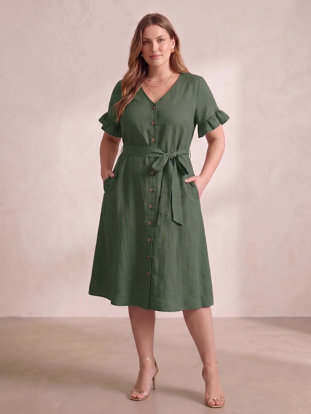 Larui Plus Size Women's Linen Short Sleeves Dress With Belted