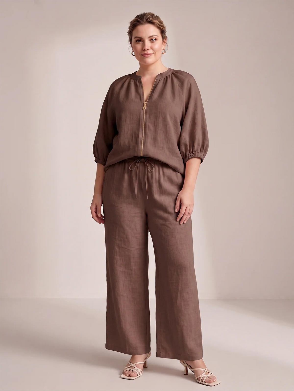Larui Plus Size Women's Three-Quarter Sleeve Top and Pants Two-Piece Linen Set