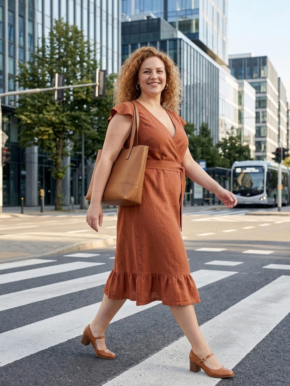 Larui Plus Size Women's Linen Ruffles Dress With Belted