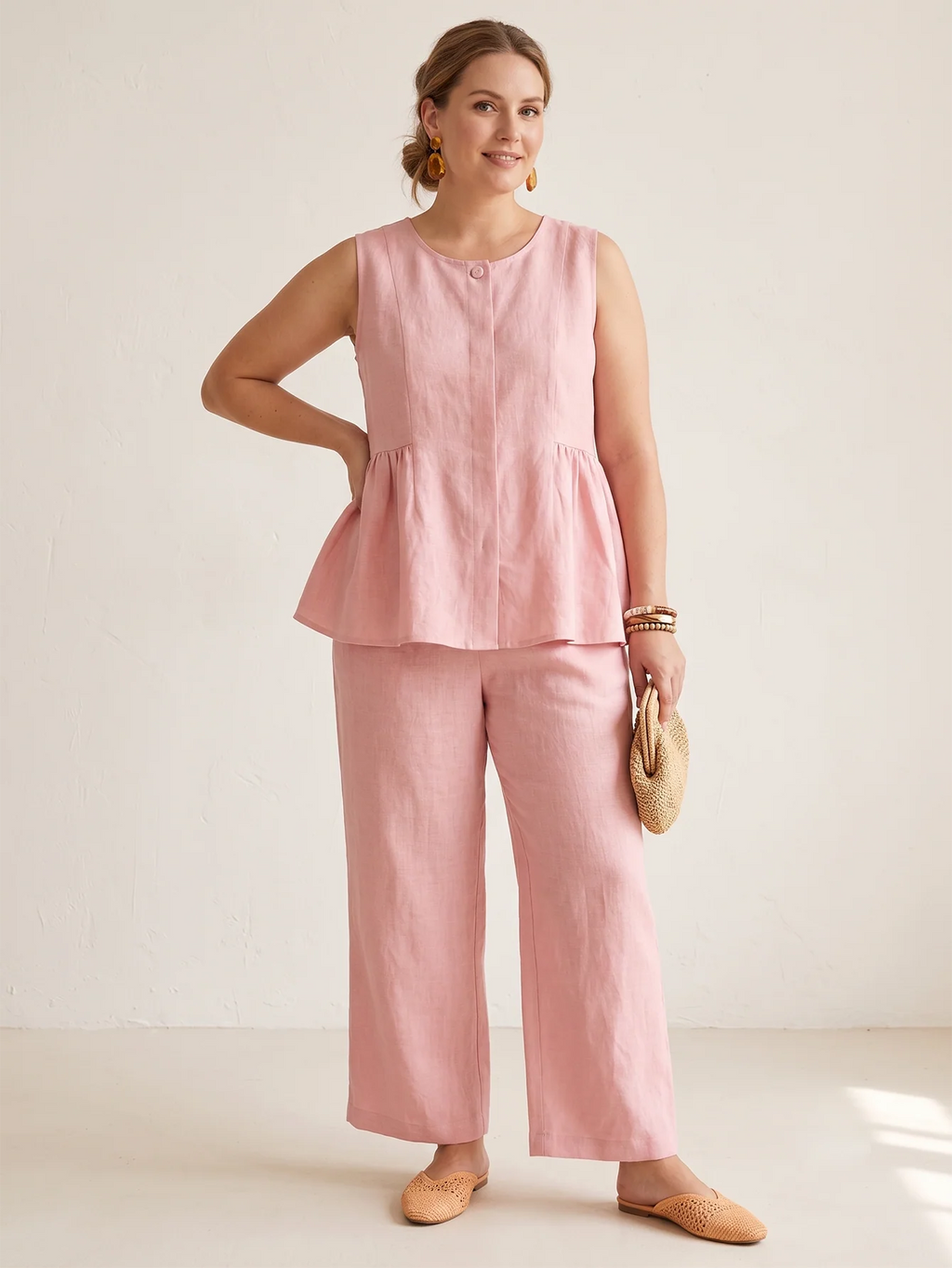 Larui Plus Size Women's Vacation Linen Top and Pants Set