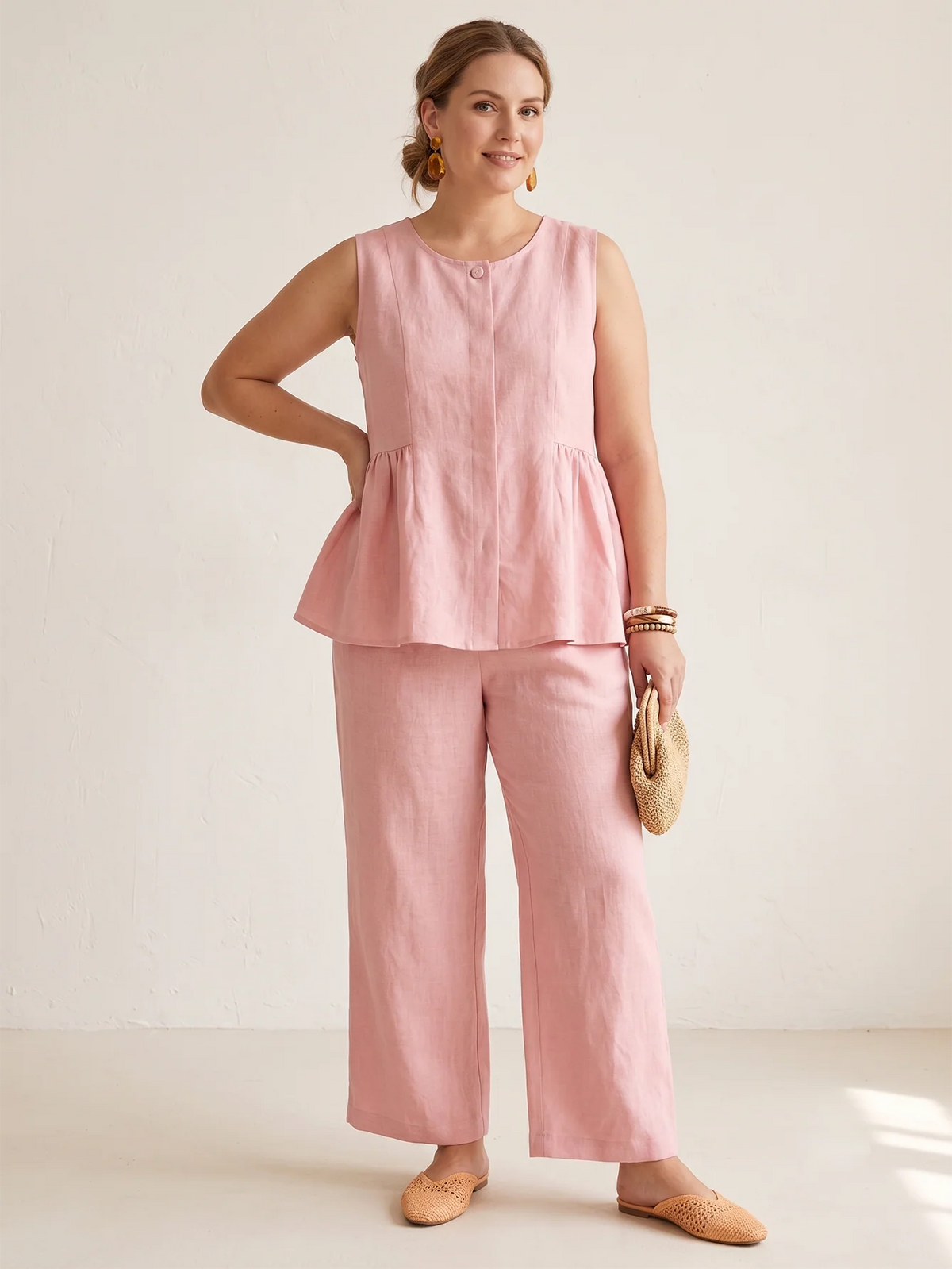 Larui Plus Size Women's Vacation Linen Top and Pants Set