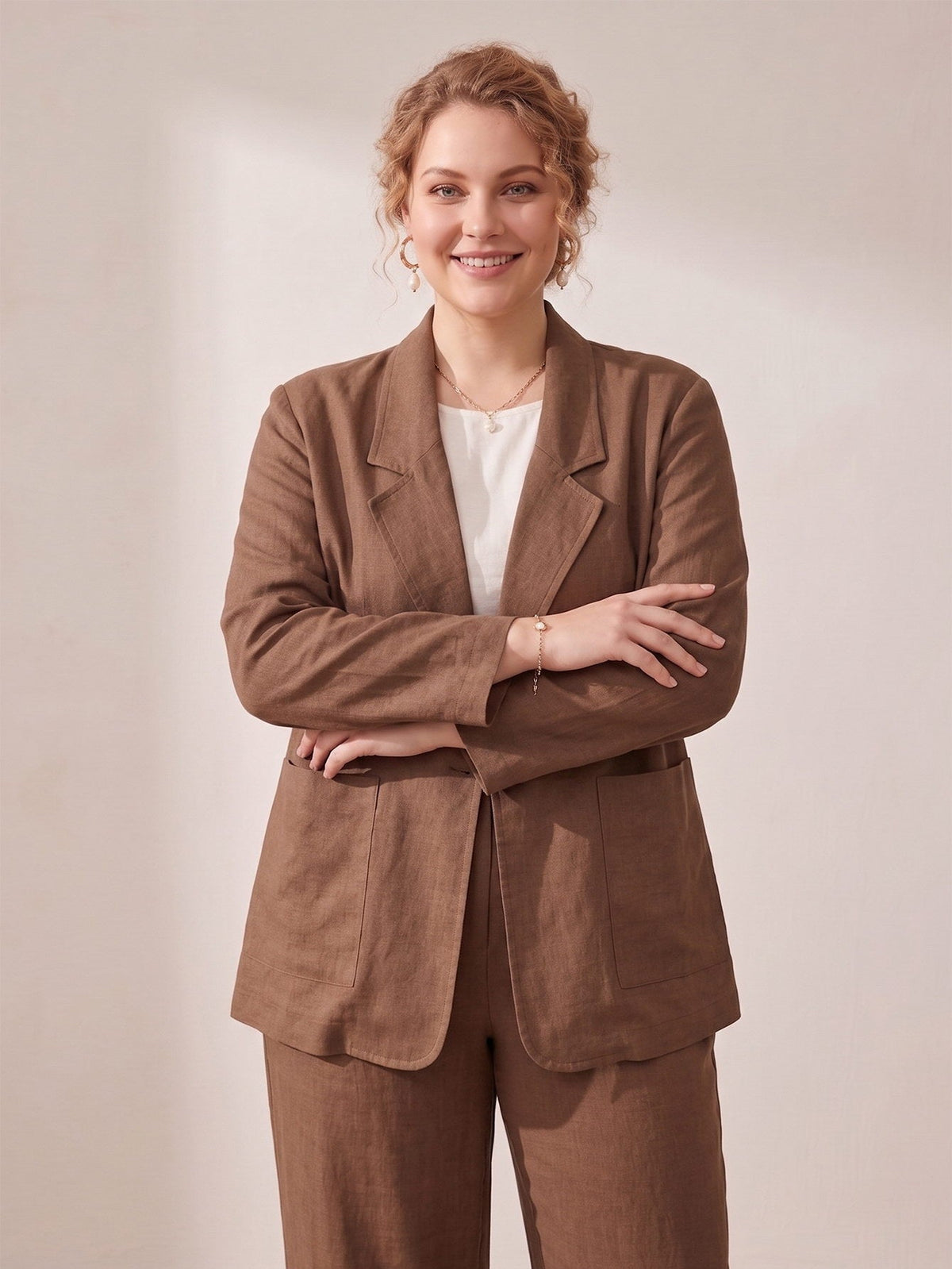 Larui Plus Size Women's Linen Long Sleeves Pocket Blazer