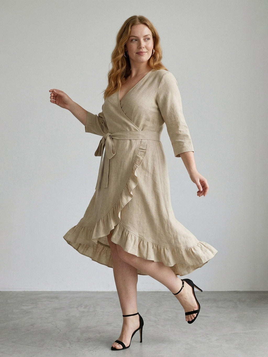 Larui Plus Size Women's Linen Ruffles Dress With Belted