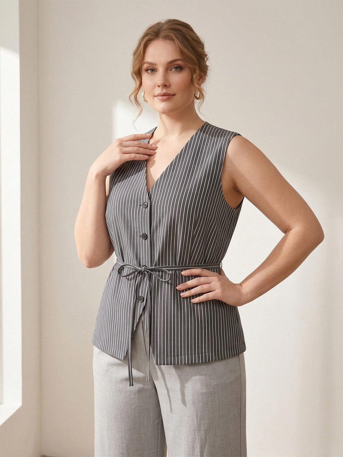 Larui Plus Size Women's Stripes Sleeveless Top Vest With Belted