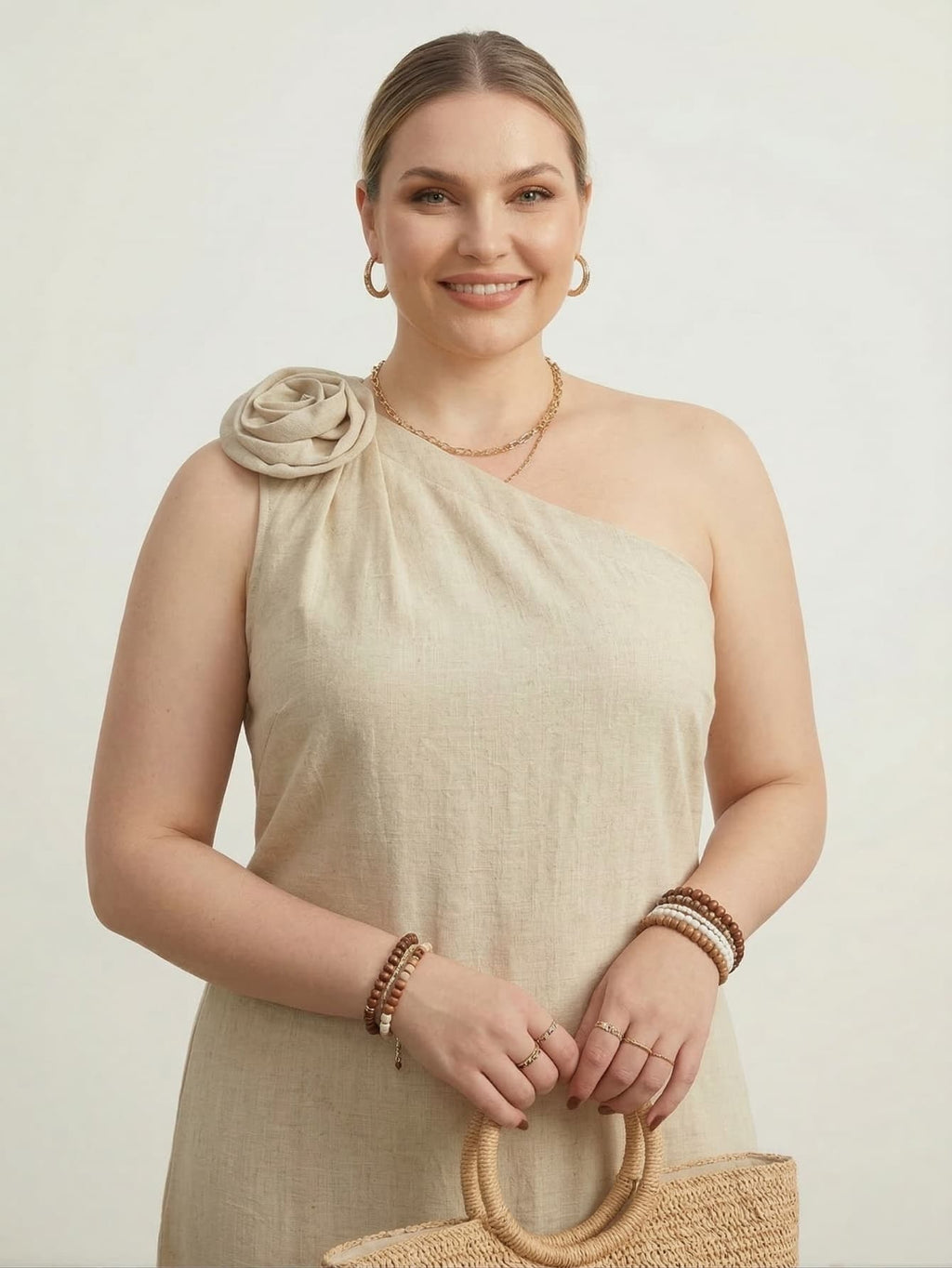 Larui Plus Size Women‘s Linen 3D Flower One Shoulder Dress