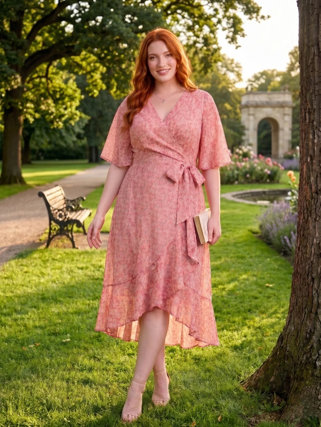 Larui Plus Size Elegant Chiffon Tie-Wrap Dress