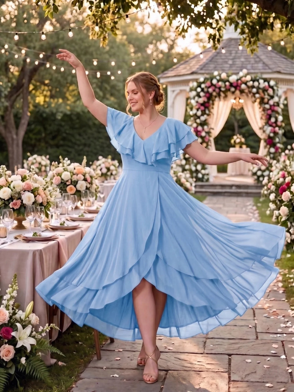 Larui Plus Size Women's Ruffle Sleeve Chiffon Dress