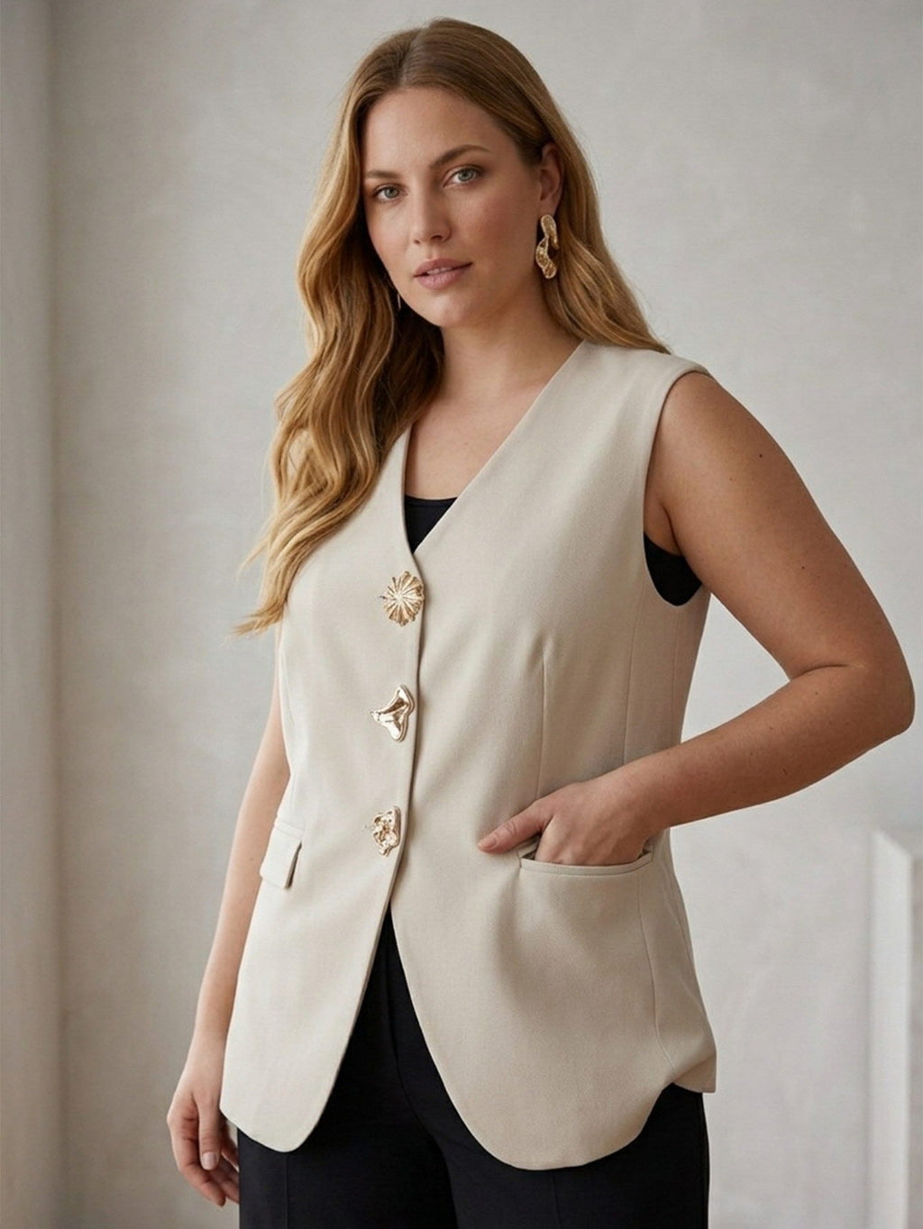 Larui Plus Size Women's Linen Pocket Sleeveless Vest Waistcoat Jacket