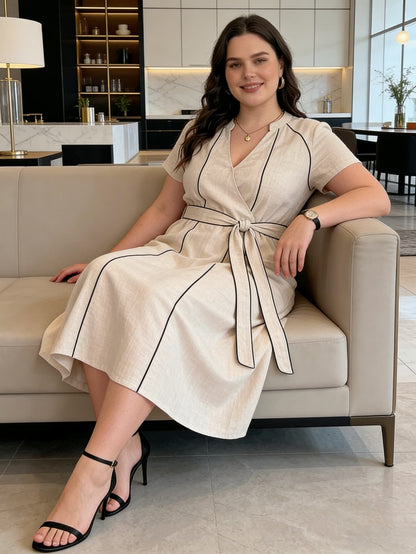 Larui Plus Size Women‘s Linen V Neck Dress With Belted