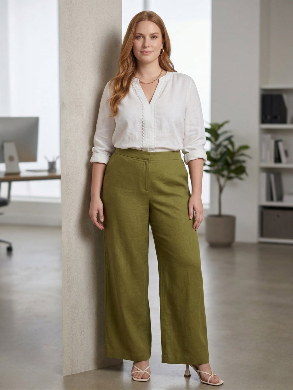 Larui Plus Size Women's Linen Pocket Full Length Pants