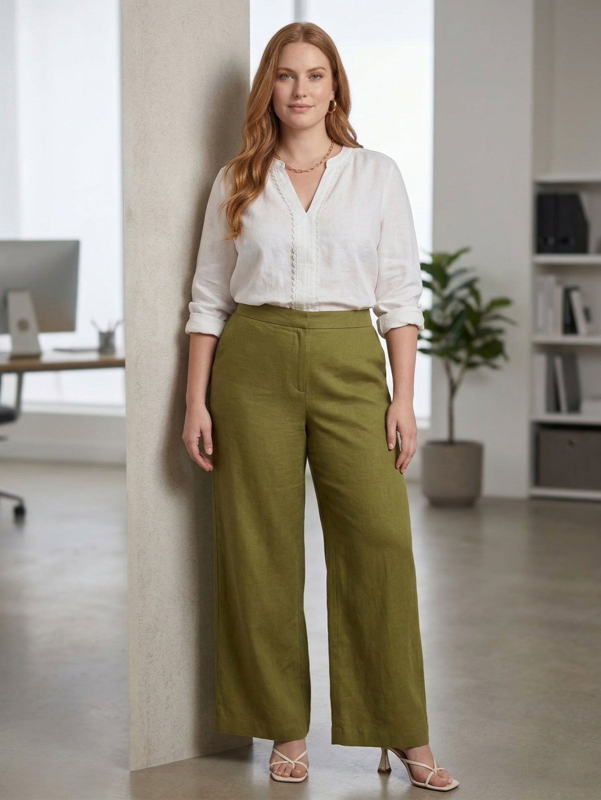 Larui Plus Size Women's Linen Pocket Full Length Pants