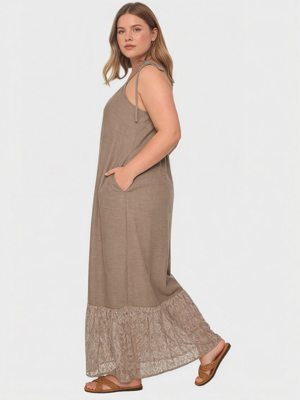 Larui Wovem's Plus Size Linen Lace Patchwork Casual Pocket Cami Dress