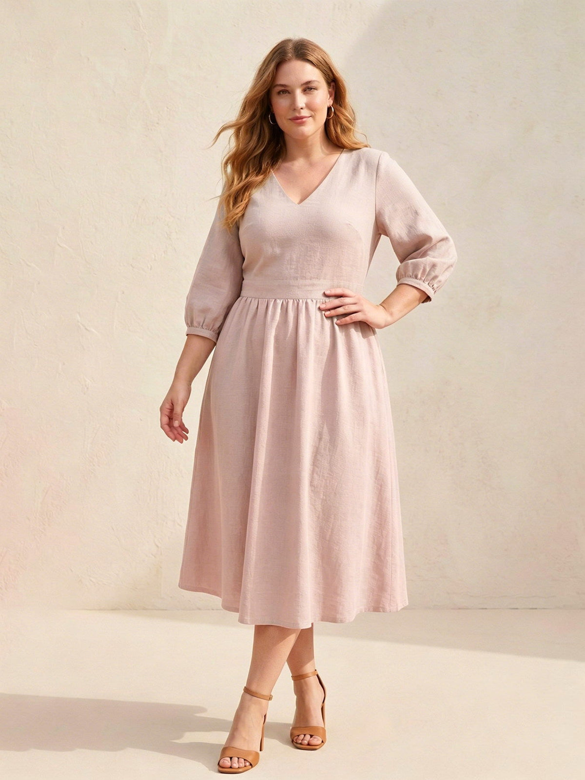 Larui Plus Size Women's Linen V-Neck Pocket Dress