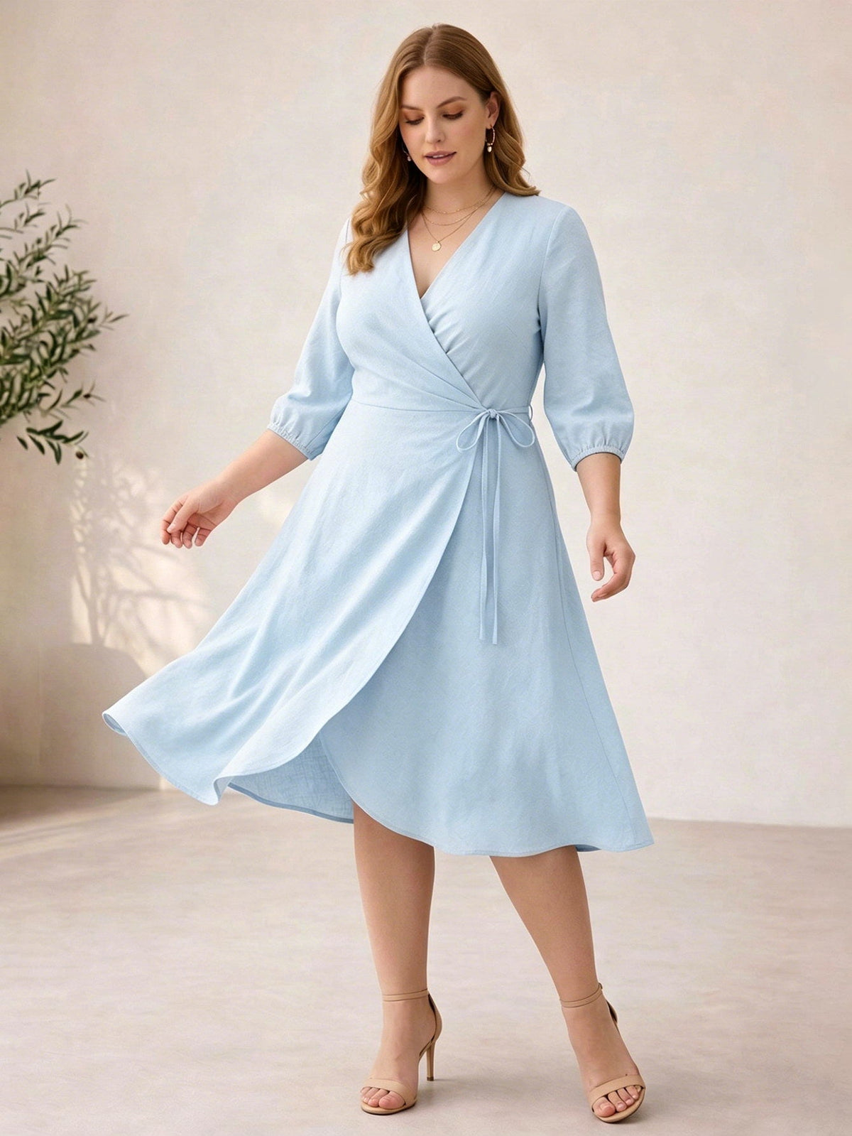 Larui Plus Size Women's Linen V-Neck Wrap Dress
