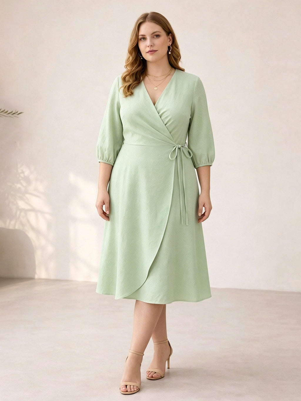 Larui Plus Size Women's Linen V-Neck Wrap Dress