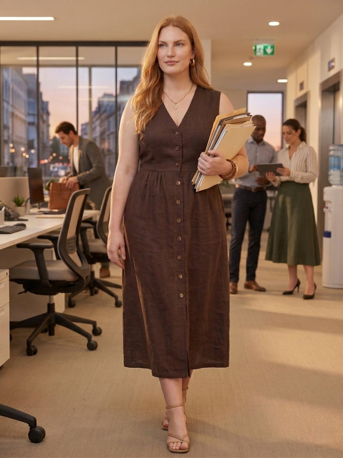 Larui Plus Size Women's Linen V-Neck Buttons Dress