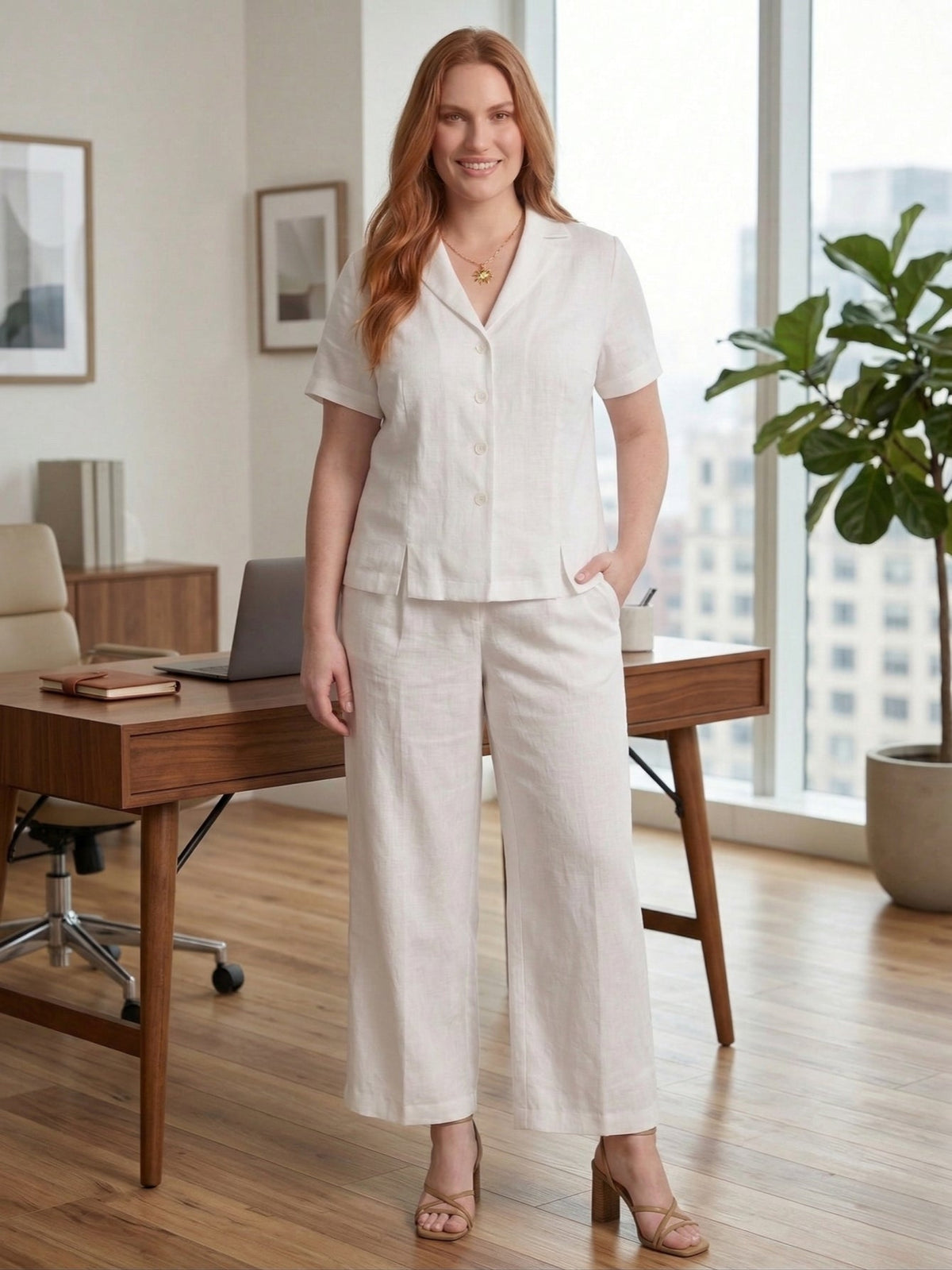 Larui Plus Size Women's Linen Short Sleeves Blouse