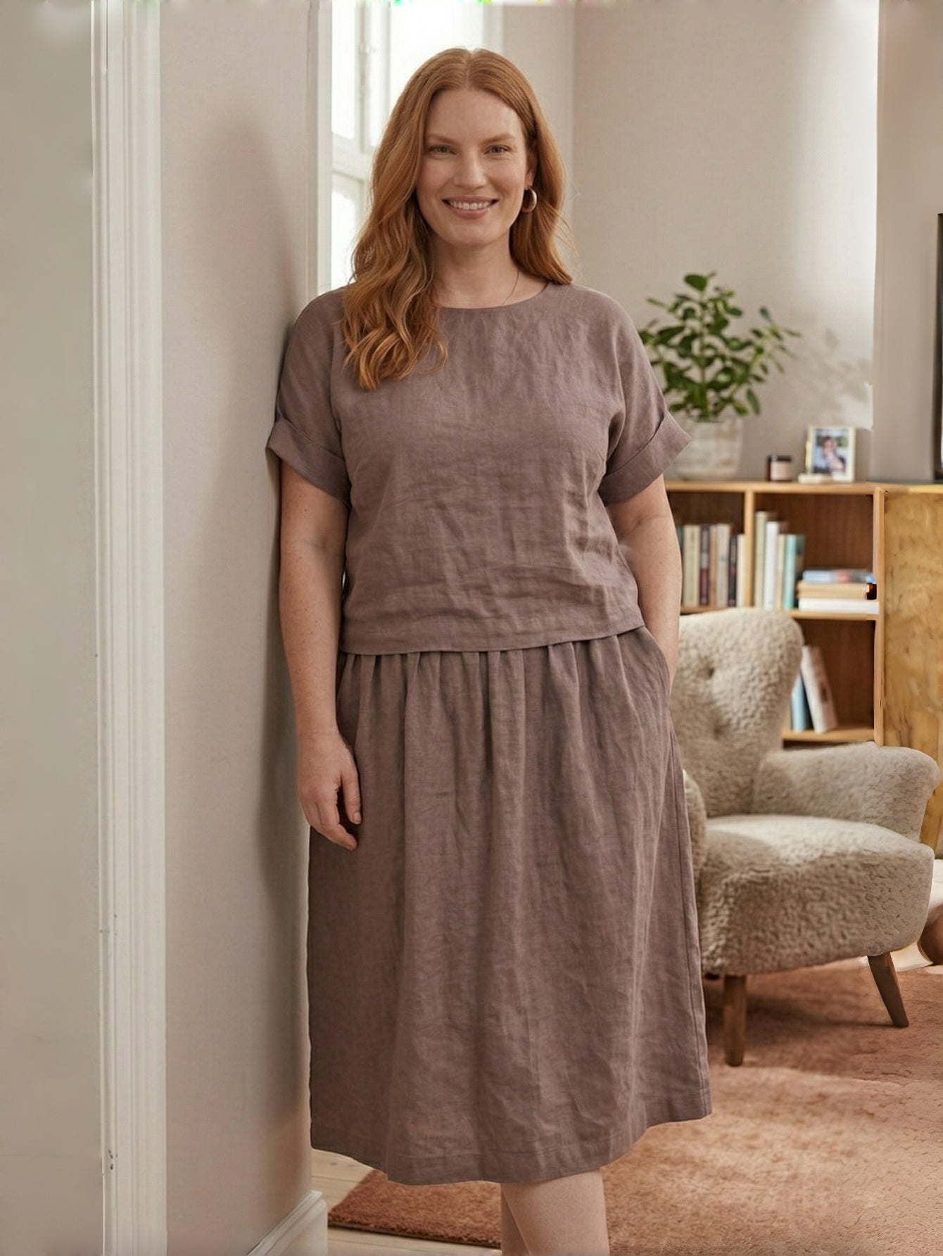 Larui Plus Size Women's Linen Short Sleeves Blouse And Skirt 2Pcs Sets
