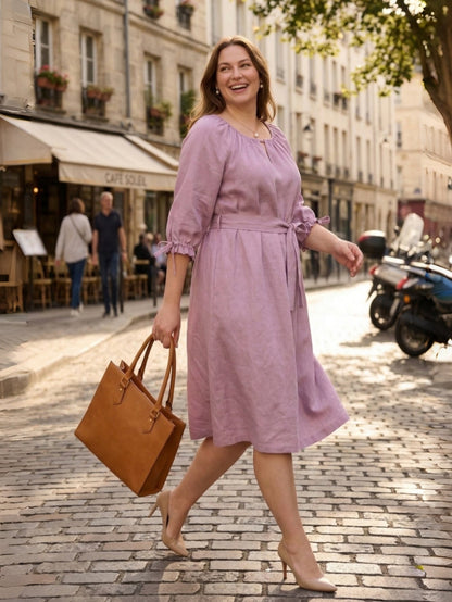 Larui Plus Size Women's Linen 3/4 Sleeves Dress With Belted