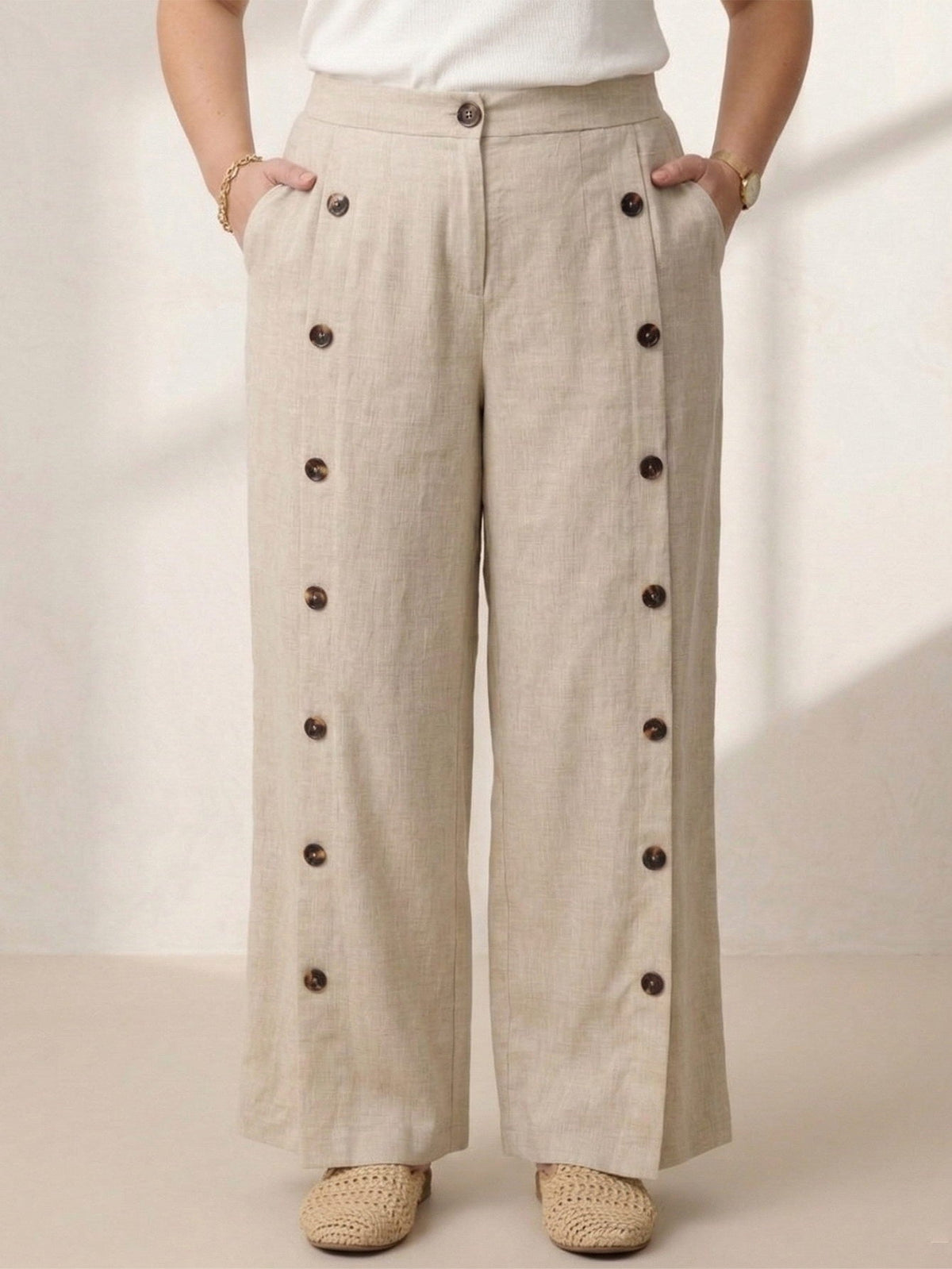 Larui Plus Size Women's Linen Pocket Button Full Length Pants