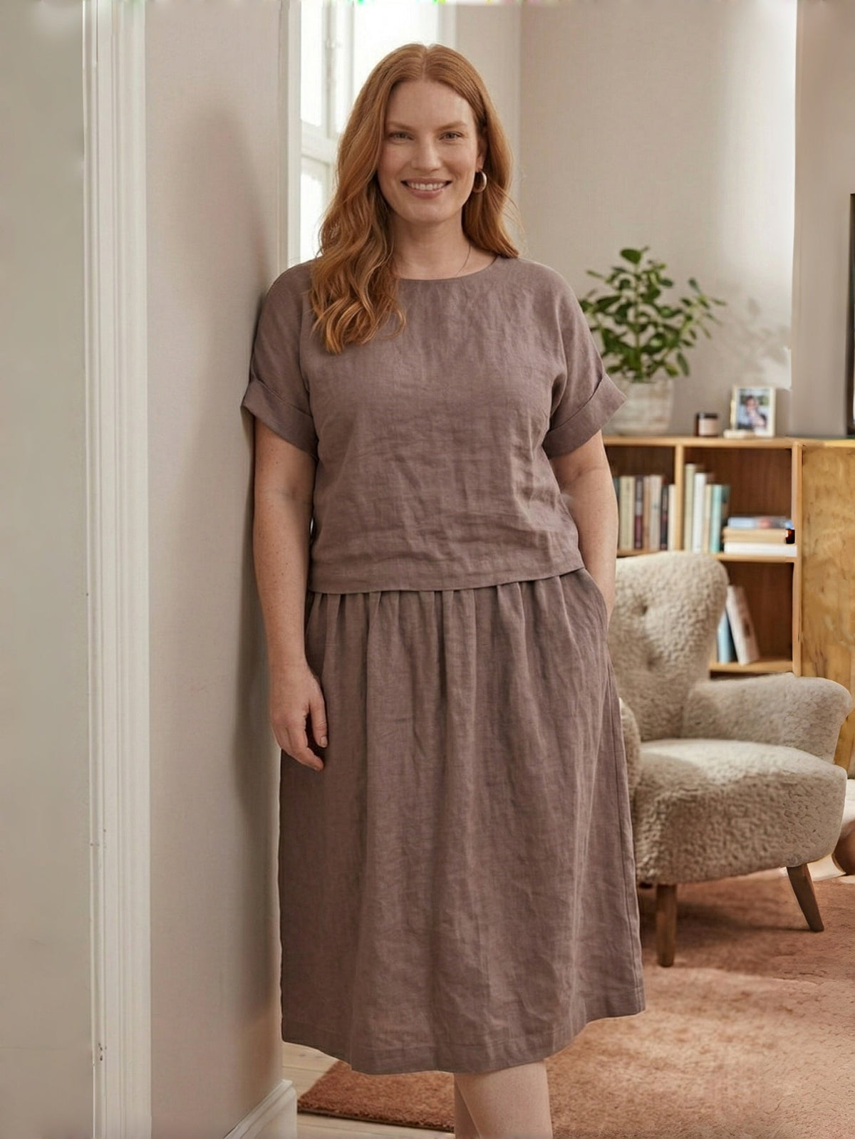Larui Plus Size Women's Linen Short Sleeves Blouse And Skirt 2Pcs Sets