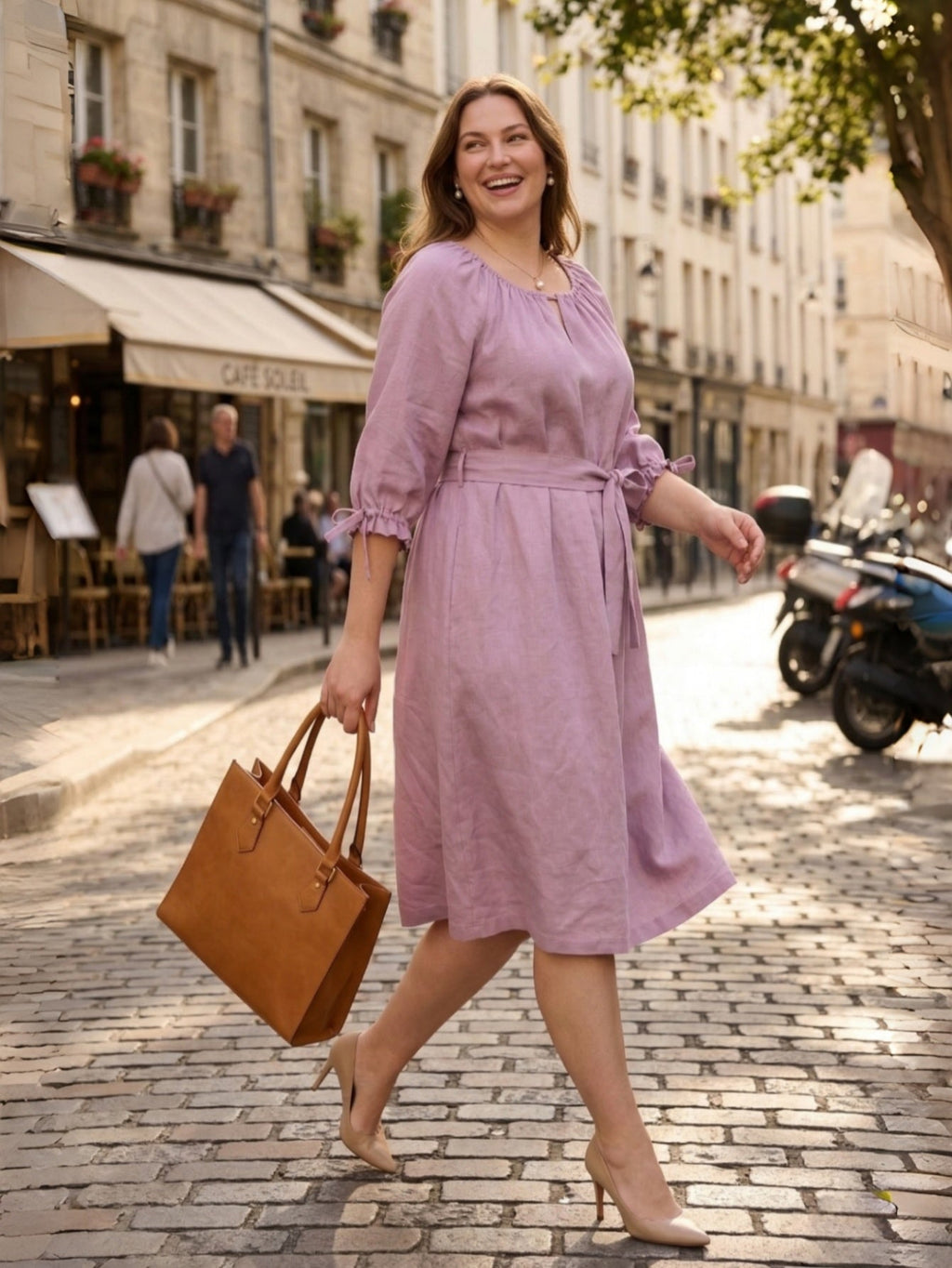 Larui Plus Size Women's Linen 3/4 Sleeves Dress With Belted
