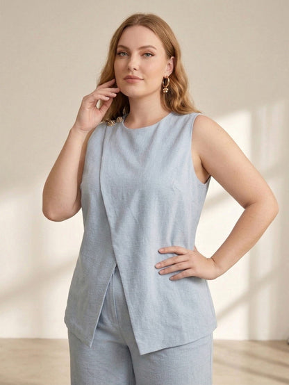 Larui Plus Size Women's Button Sleeveless Top Vest
