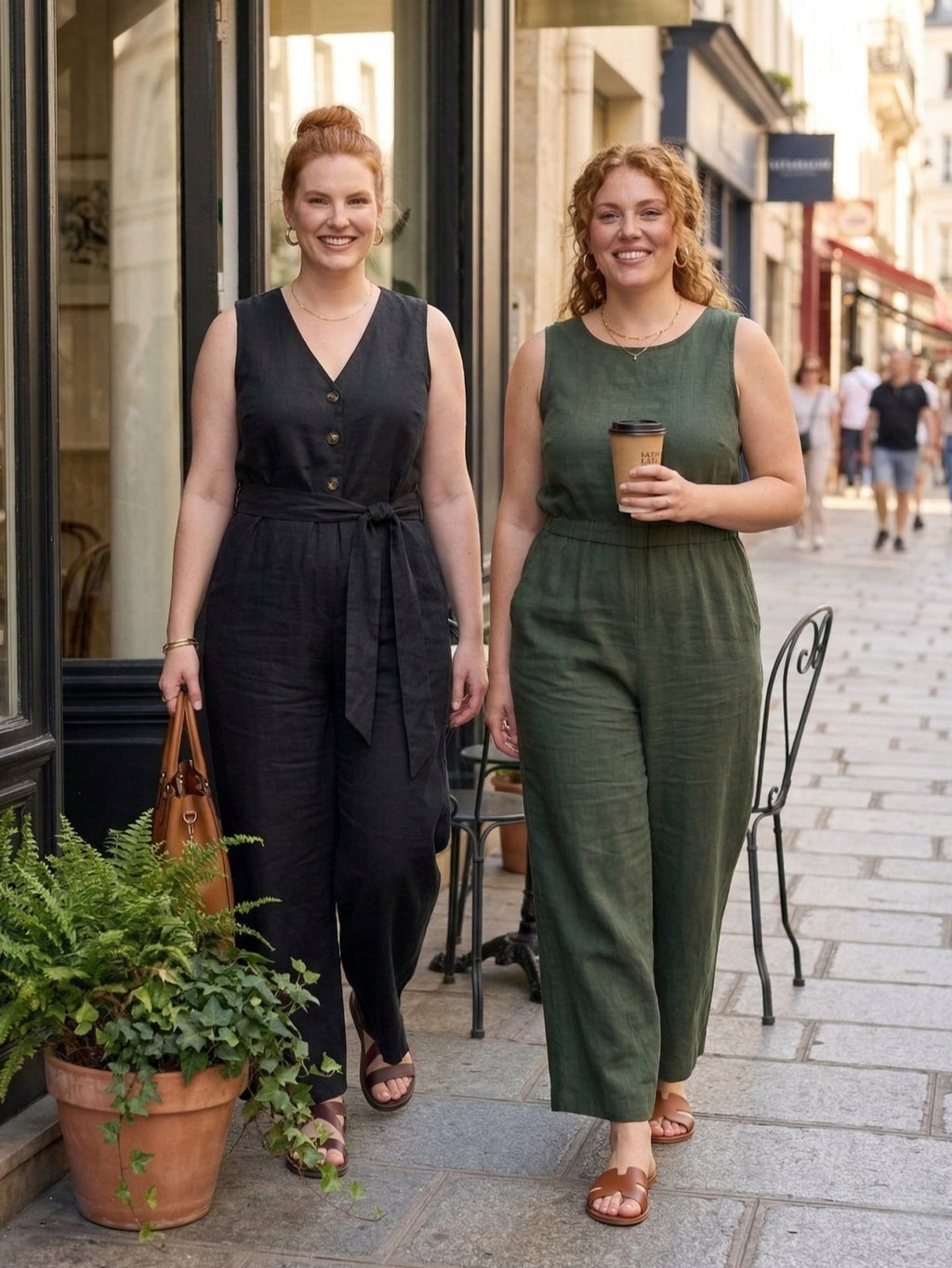 Plus Size Women's Linen Elegant Pocket Jumpsuit With Belted