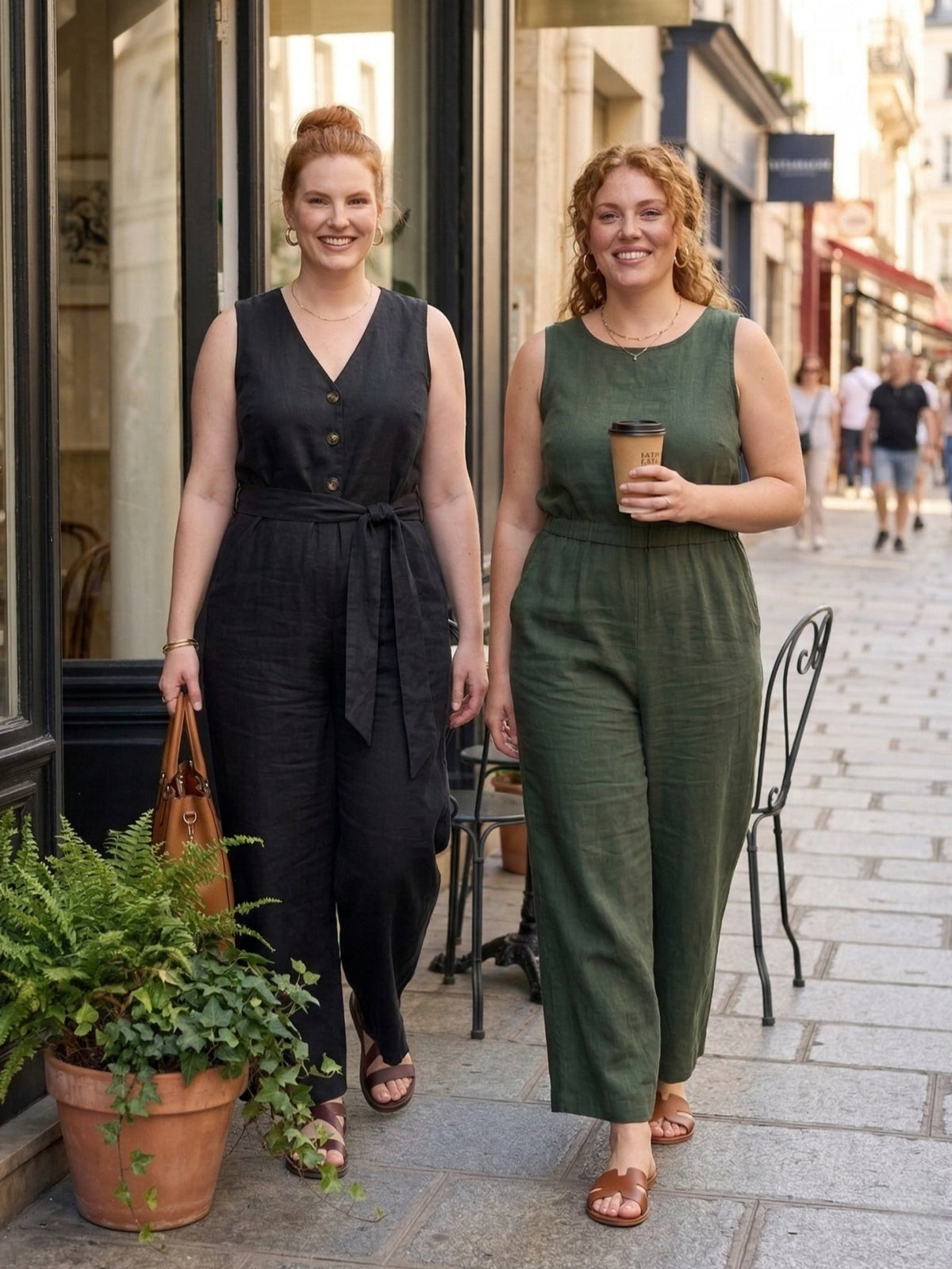 Plus Size Women's Linen Elegant Pocket Jumpsuit With Belted