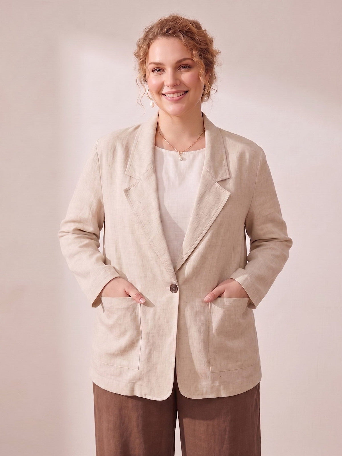 Larui Plus Size Women's Linen Long Sleeves Pocket Blazer