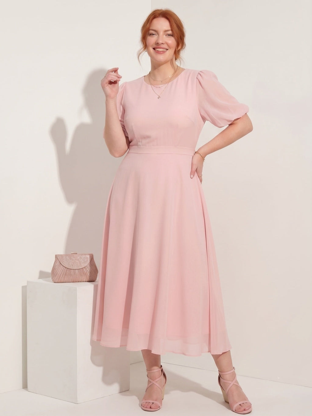 Larui Plus-Size Women's Puff-Sleeve Crew-Neck Dress