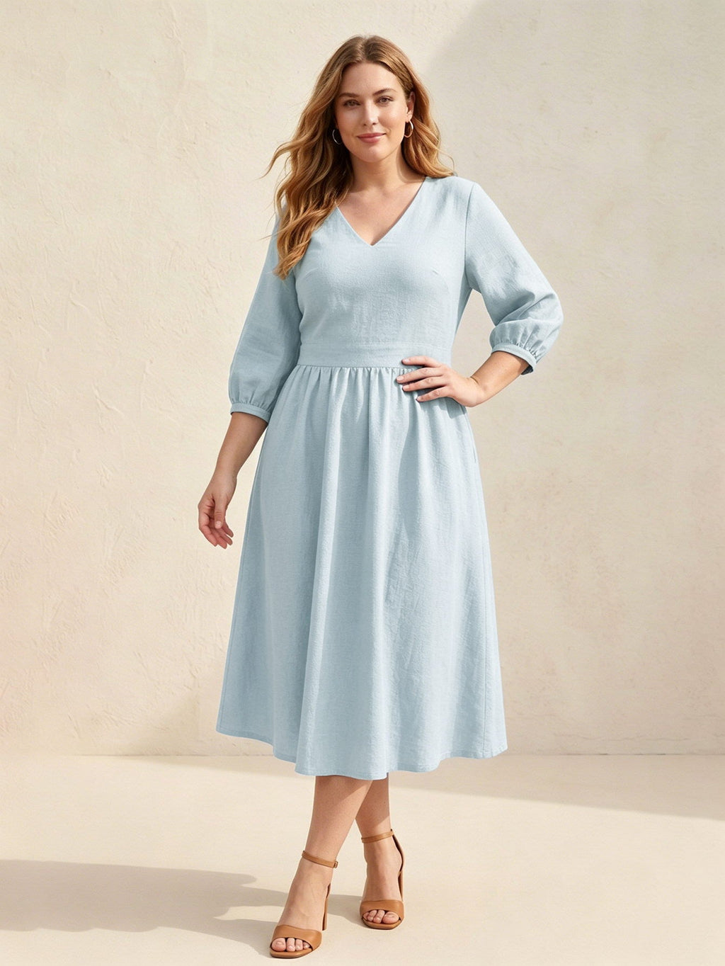 Larui Plus Size Women's Linen V-Neck Pocket Dress