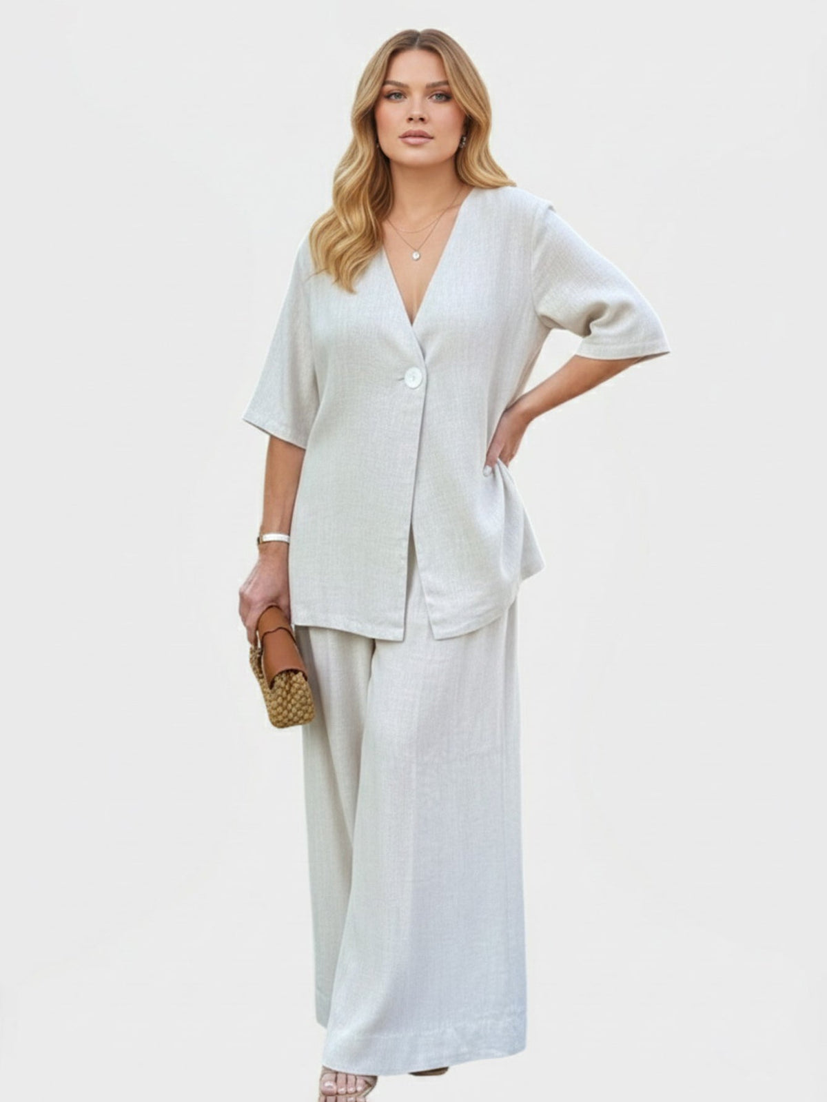 Larui Women‘s Plus Size Linen Blouse and Pants Two Piece Set