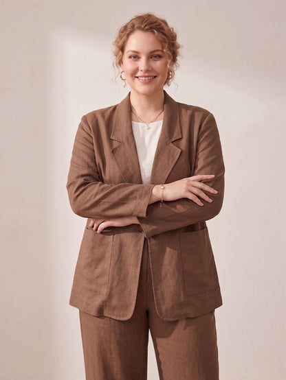 Larui Plus Size Women's Linen Long Sleeves Pocket Blazer