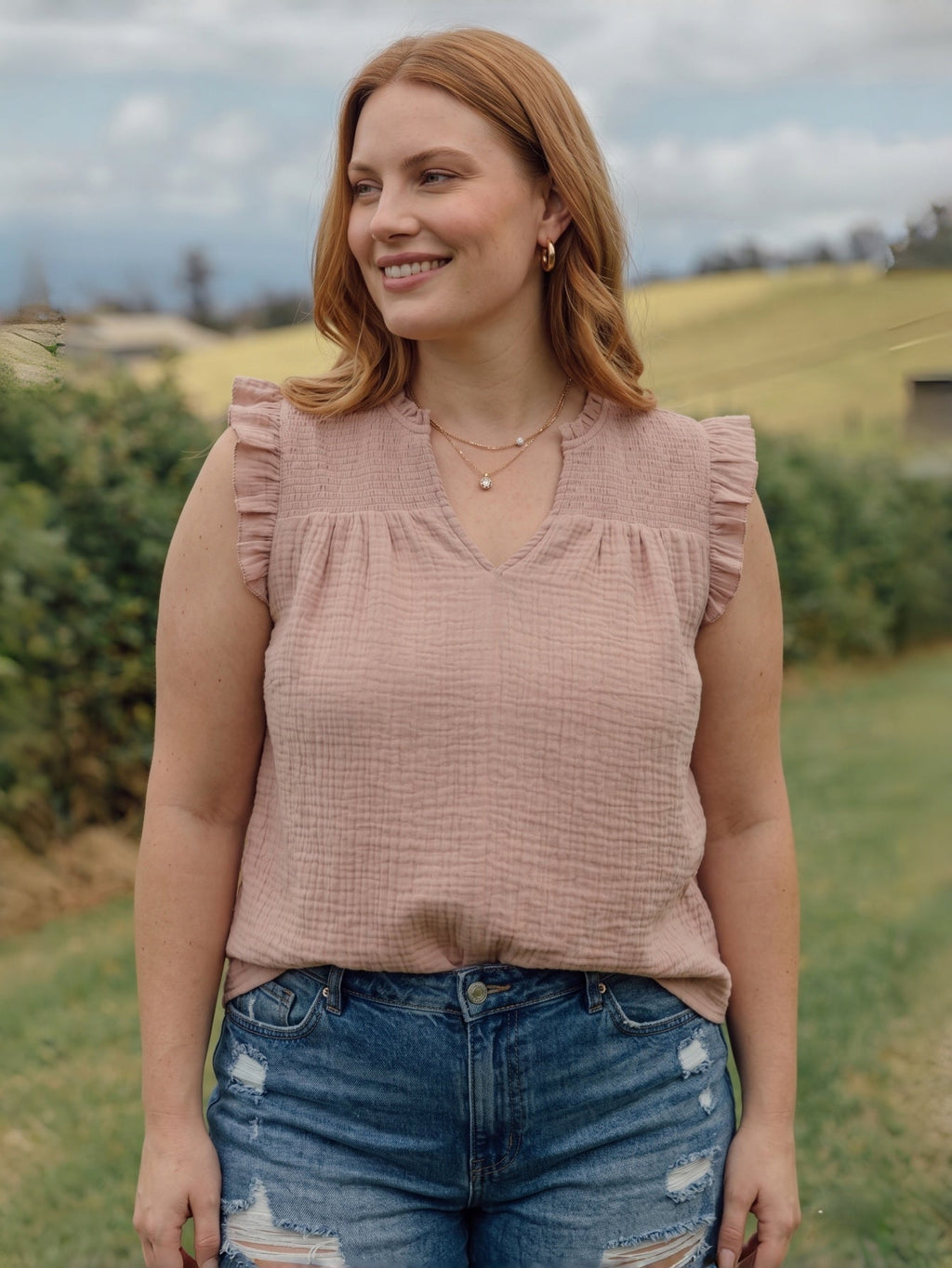 Larui Plus Size Women's Cotton Ruffles Sleeveless Top