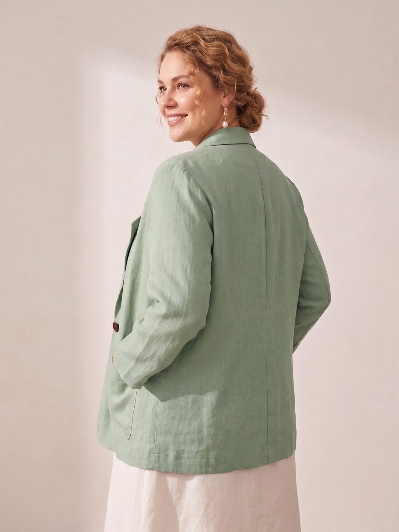 Larui Plus Size Women's Linen Long Sleeves Pocket Blazer