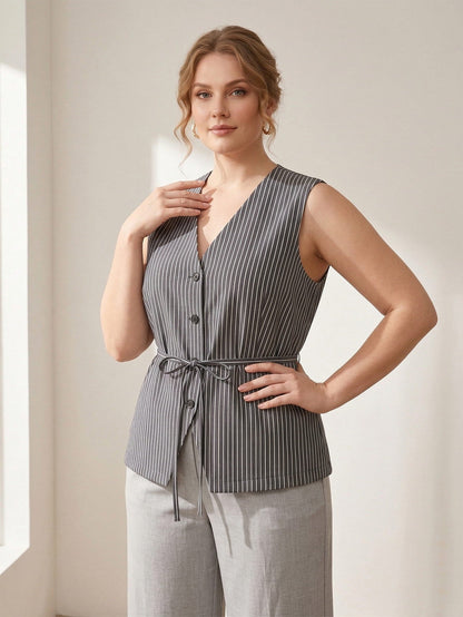 Larui Plus Size Women's Stripes Sleeveless Top Vest With Belted