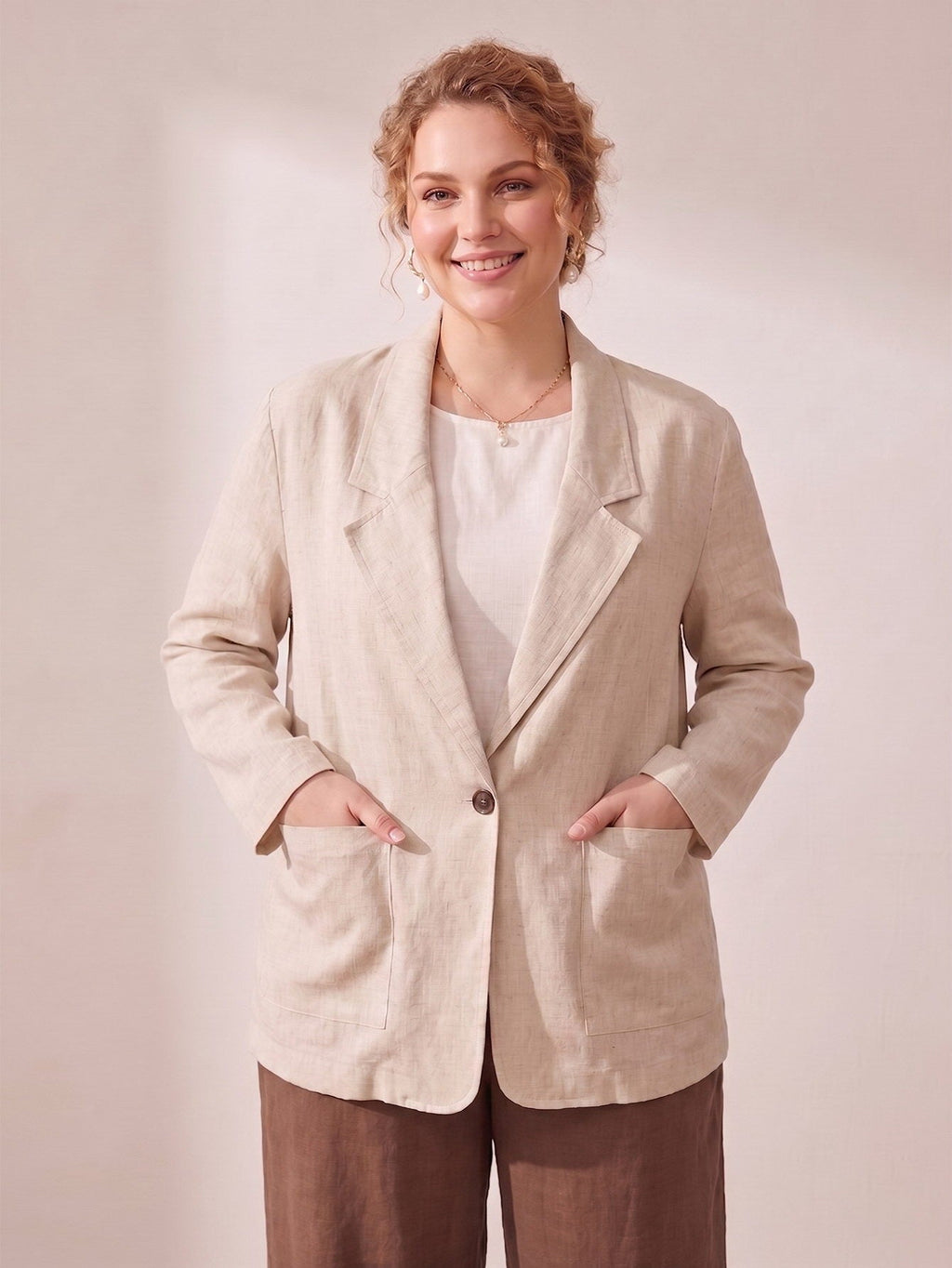 Larui Plus Size Women's Linen Long Sleeves Pocket Blazer