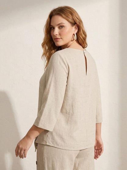 Larui Plus Size Women's Linen 3/4 Sleeves Blouse