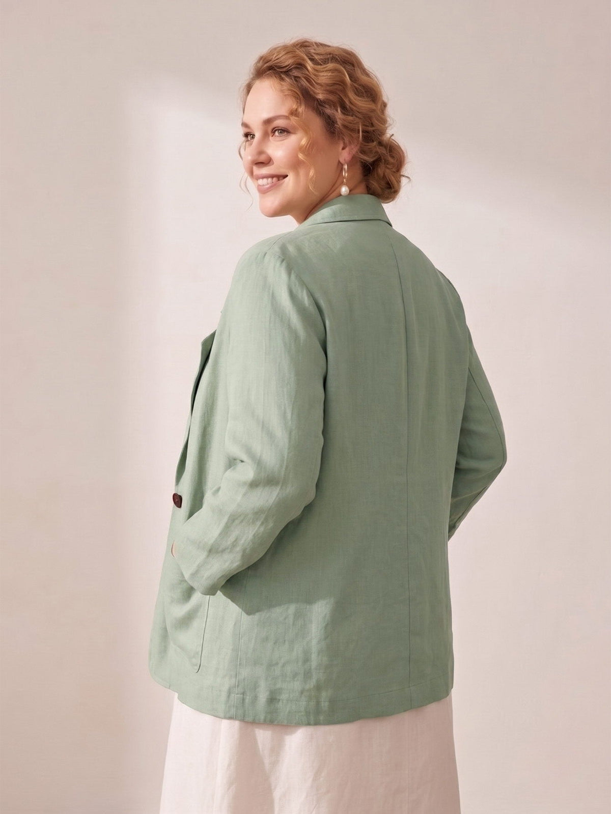 Larui Plus Size Women's Linen Long Sleeves Pocket Blazer